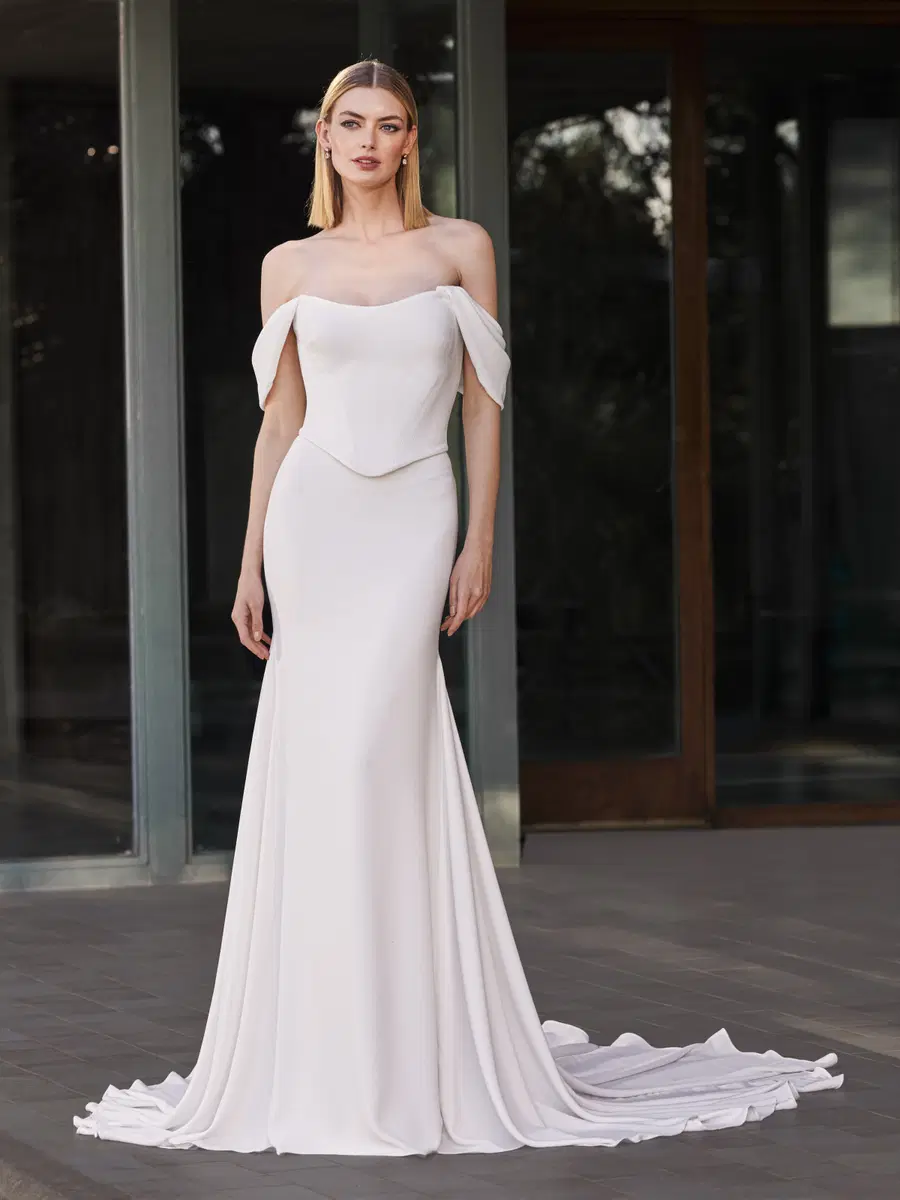 POLENIA by Pronovias: Mermaid silhouette, off-shoulder neckline, sleeveless, satin