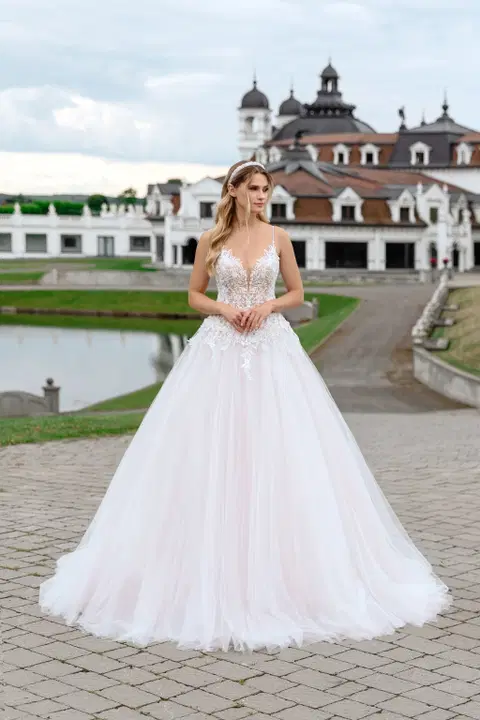 Style 5576+8238 wedding dress by Serena Bridal, lace, V-neck