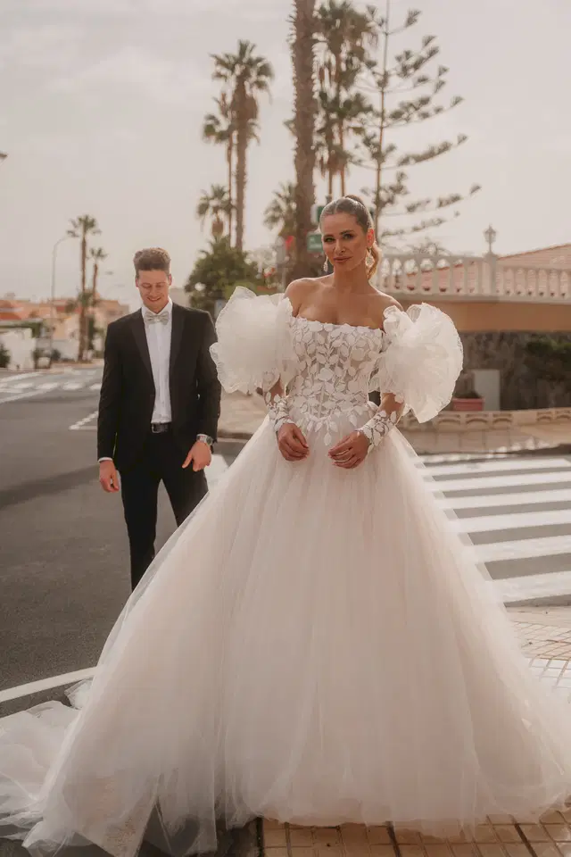 82319 by Diane Legrand: Ball Gown silhouette, straight neckline, long sleeves, lace