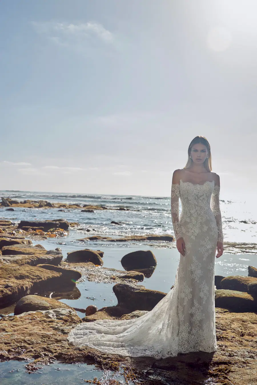 126242 Sylvia by Calla Blanche: Trumpet silhouette, off-shoulder neckline, long sleeves, lace