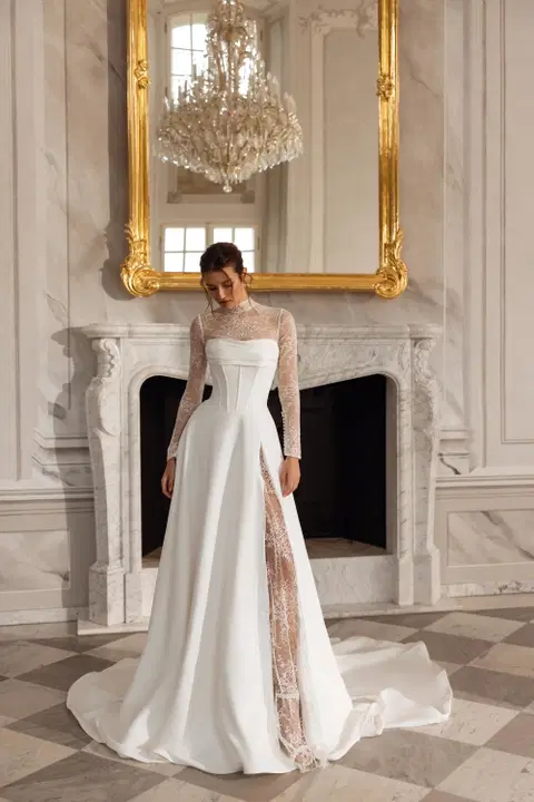 Josephine wedding dress by Tina Valerdi, A-line, crepe