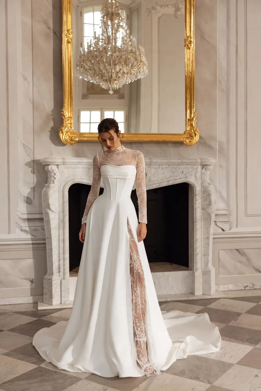 Josephine by Tina Valerdi: A-Line silhouette, straight neckline, long sleeves, crepe