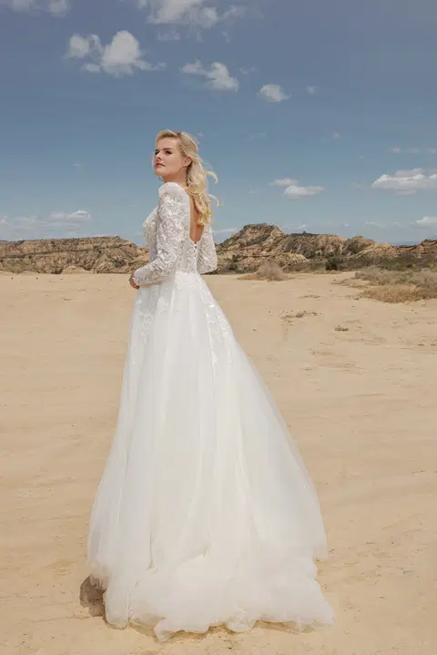Style DT100 wedding dress by Duett, A-line, lace