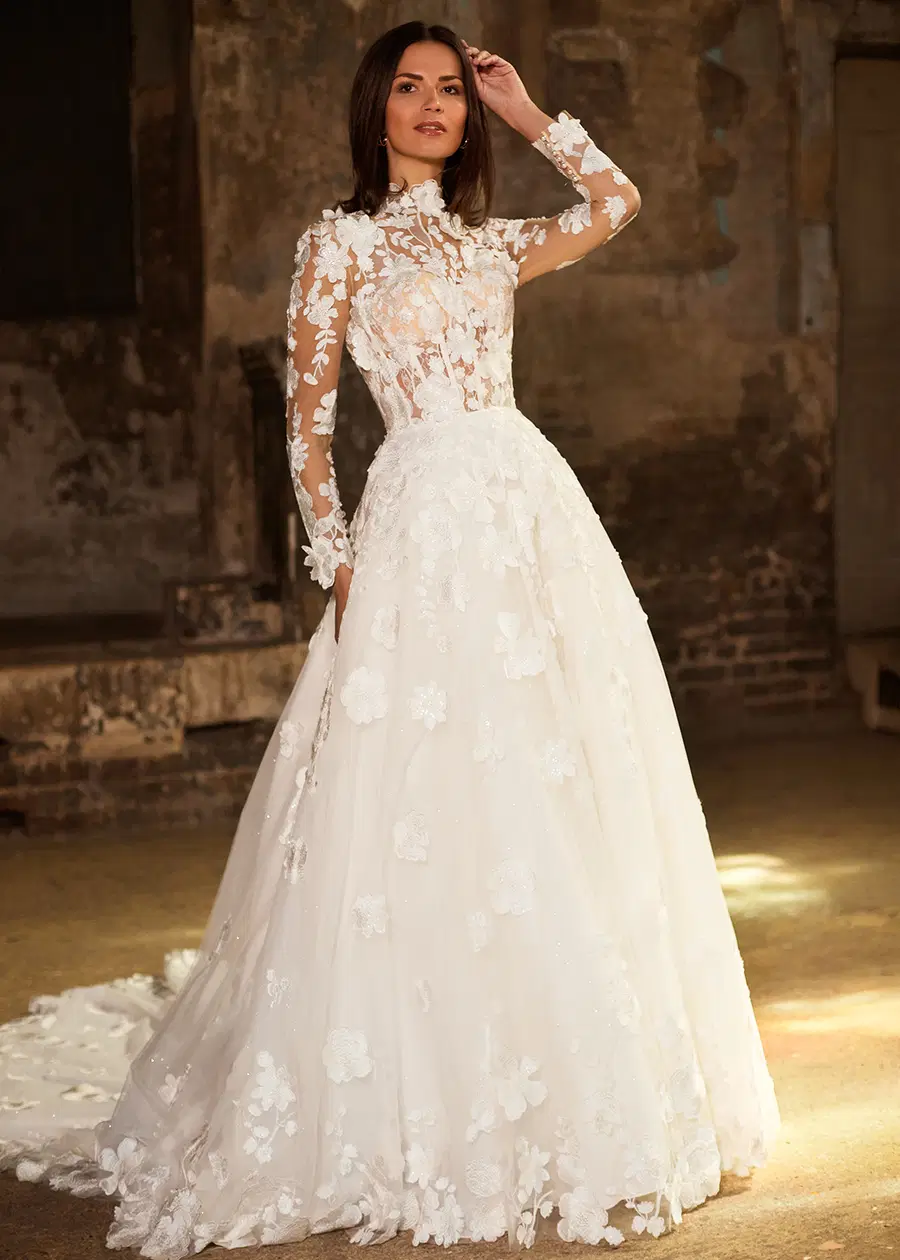 IDOLE by Dando London: Ball Gown silhouette, illusion neckline, long sleeves, tulle
