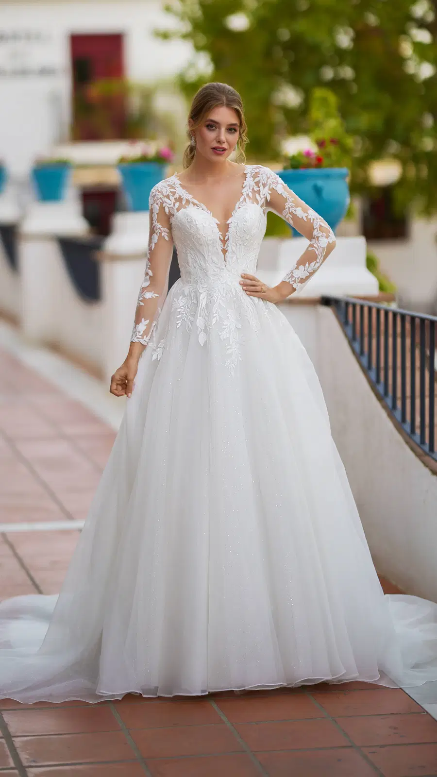 Trés Chic Collection 26224 by Très Chic: A-Line silhouette, deep V-neck neckline, long sleeves, tulle