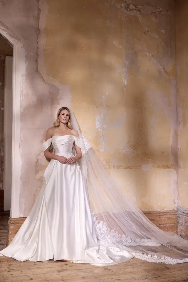 Prudence Lux by Josephine Scott: A-Line silhouette, off-shoulder neckline, short sleeves, satin