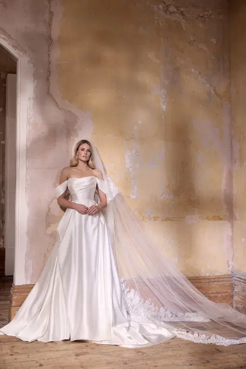 Prudence Lux wedding dress by Josephine Scott, A-line, satin