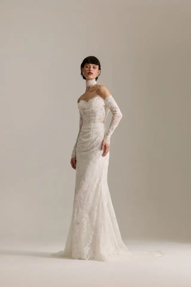 Giselle by Josephine Scott: Trumpet silhouette, sweetheart neckline, long sleeves, lace