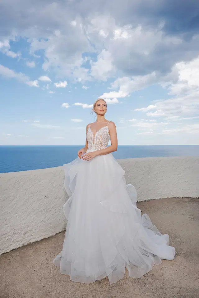 B2419 by Amera Vera: Ball Gown silhouette, deep V-neck neckline, sleeveless, lace