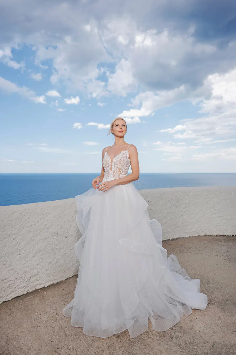 B2419 by Amera Vera: Ball Gown silhouette, deep V-neck neckline, sleeveless, lace