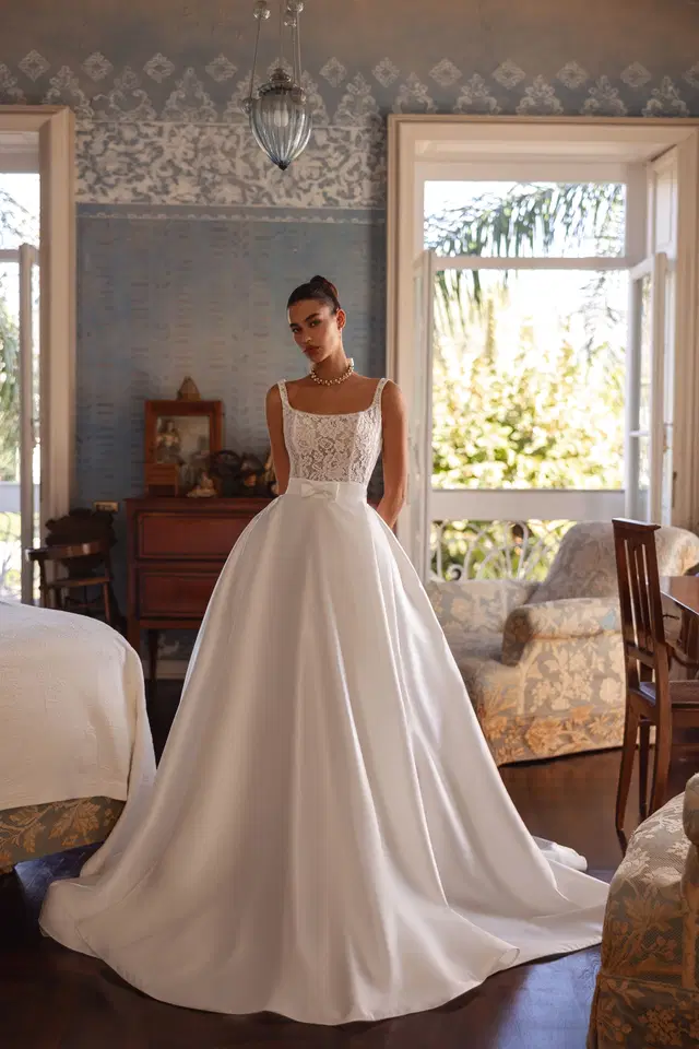 Simonette by Tina Valerdi: Ball Gown silhouette, straight neckline, sleeveless, lace