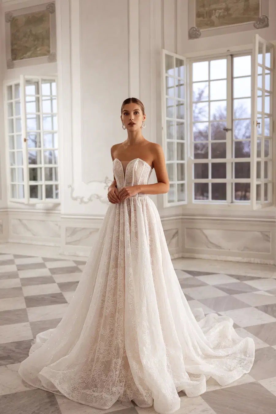 Evangeline by Tina Valerdi: A-Line silhouette, sweetheart neckline, long sleeves, lace