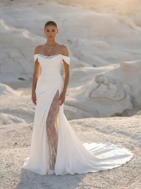 Tréville 1050036 wedding dress by Mori Lee, satin, off-shoulder