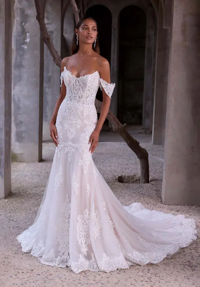 Calista by Mori Lee: Mermaid silhouette, off-shoulder neckline, separate sleeves, lace