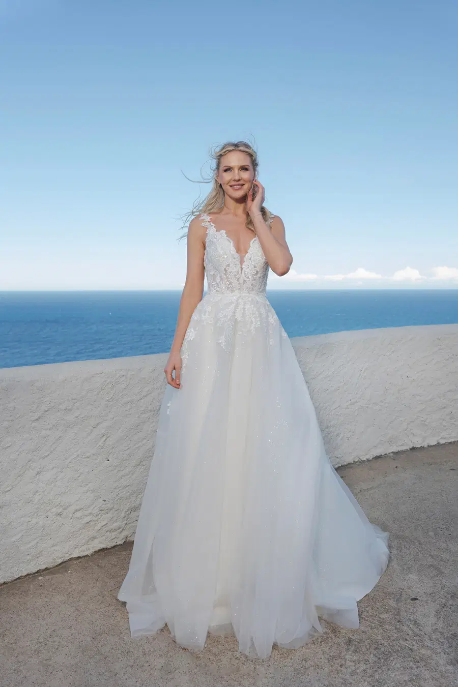 B2318 by Amera Vera: A-Line silhouette, deep V-neck neckline, sleeveless, tulle