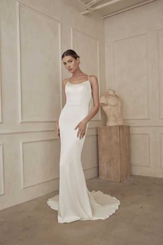 Ave by Casablanca Bridal: scoop neckline, short sleeves, satin, chapel train