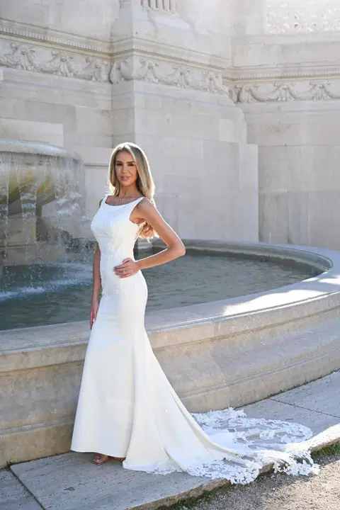 Mandorla wedding dress by Dando London, straight, crepe