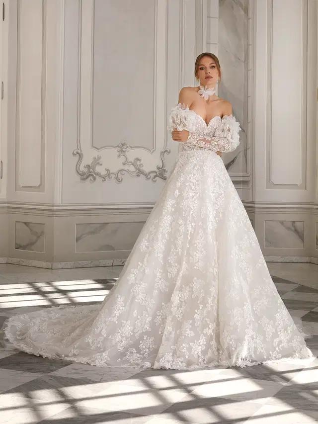 Paola by Vanilla Sposa: Ball Gown silhouette, off-shoulder neckline, separate sleeves, lace