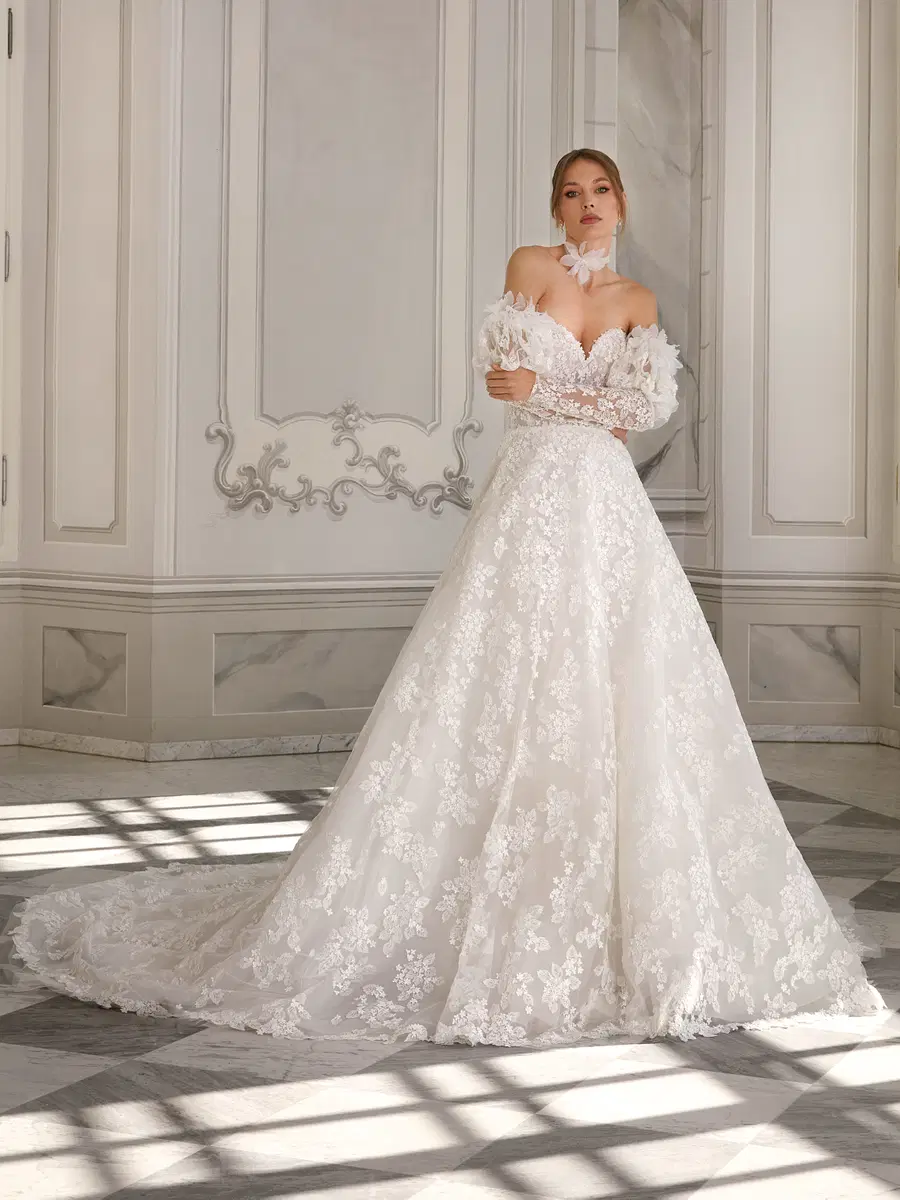 Paola by Vanilla Sposa: Ball Gown silhouette, off-shoulder neckline, separate sleeves, lace