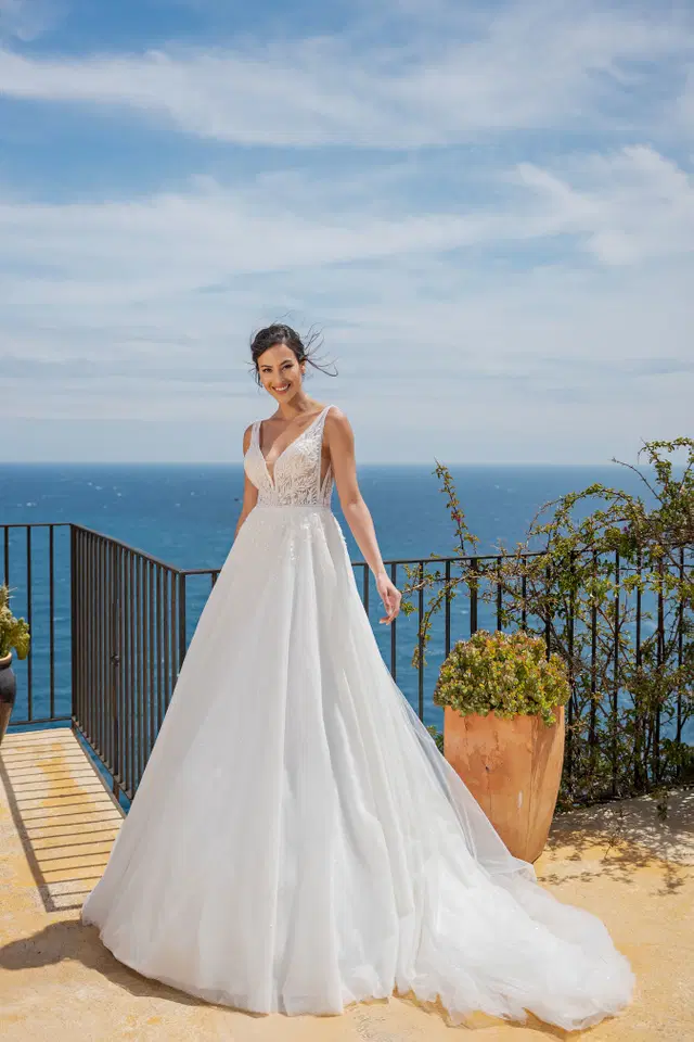 MGB136 by Miss Beautiful Bride: Ball Gown silhouette, deep V-neck neckline, sleeveless, tulle