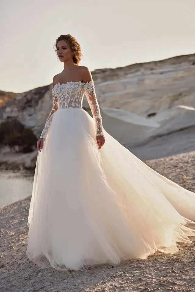 Demetra by Milla Nova: A-Line silhouette, off-shoulder neckline, long sleeves, lace