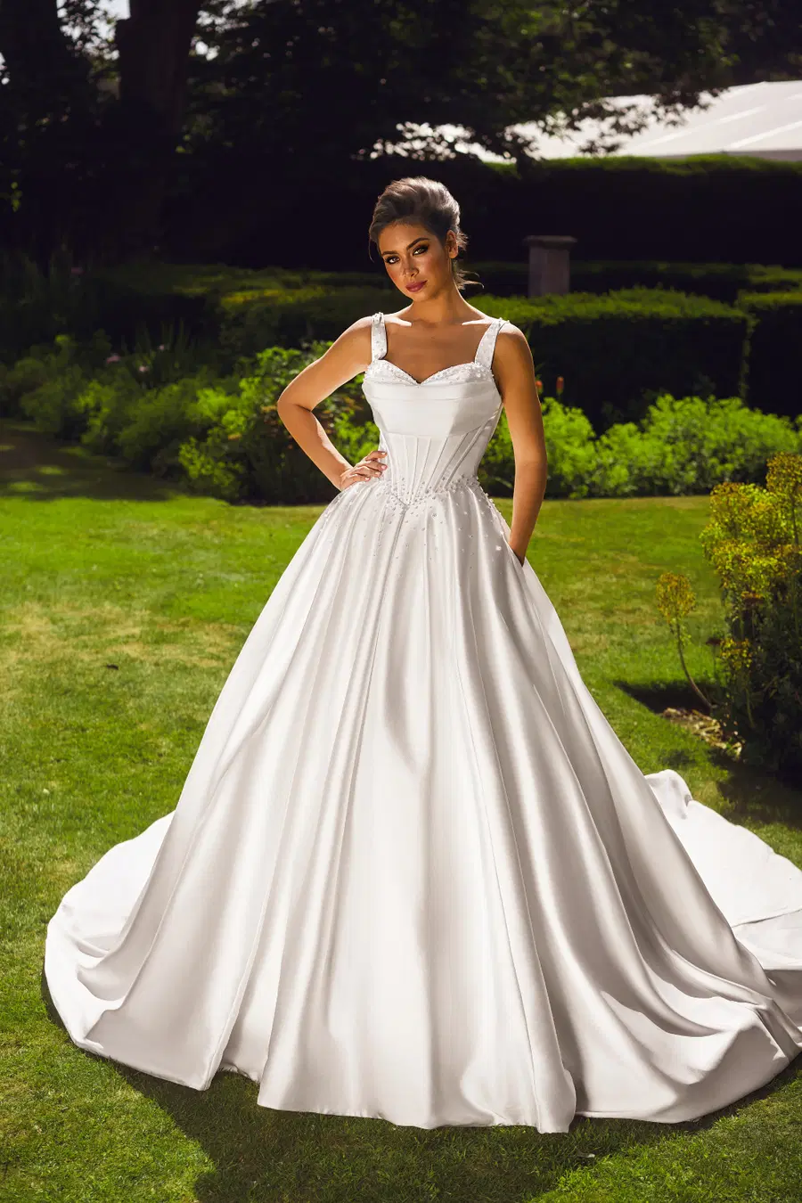 PH3143 by Phoenix Gowns: Ball Gown silhouette, sweetheart neckline, satin, chapel train
