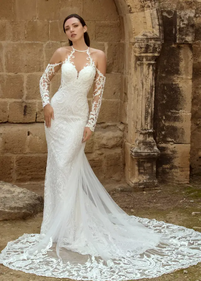 Fiji by Dando London: Mermaid silhouette, high / halter neckline, long sleeves, lace