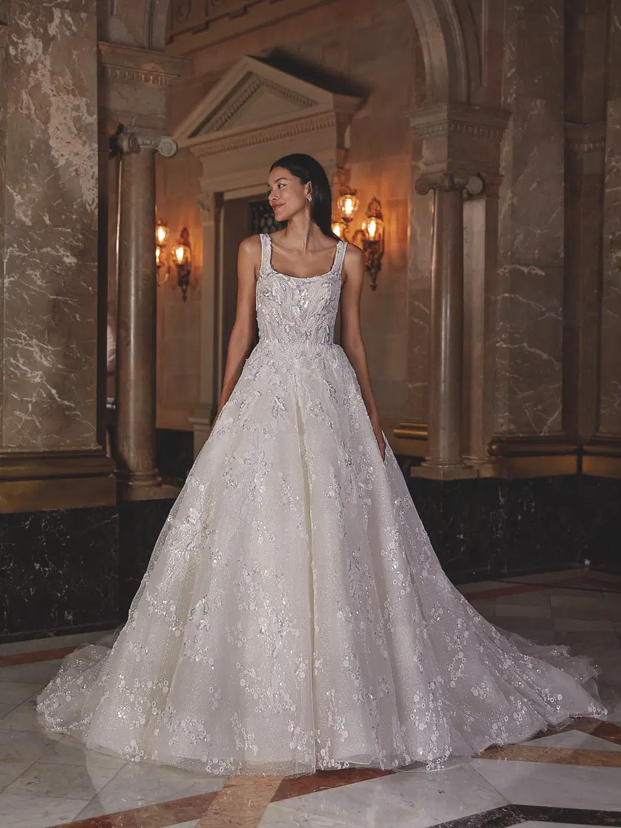 DP542 by Demetrios: Ball Gown silhouette, scoop neckline, sleeveless, tulle