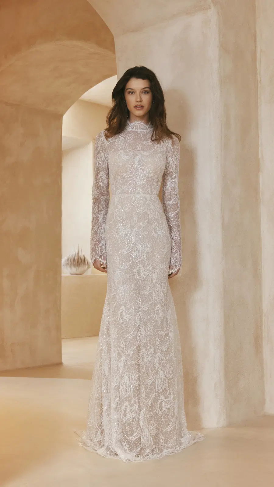 Fiora by Anna Kara: Straight silhouette, high / halter neckline, long sleeves, lace