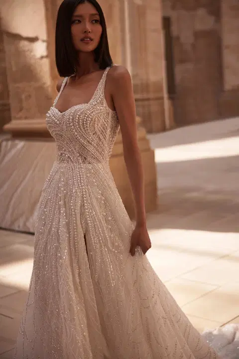 Gerbera wedding dress by Milla Nova, A-line, glittery fabric