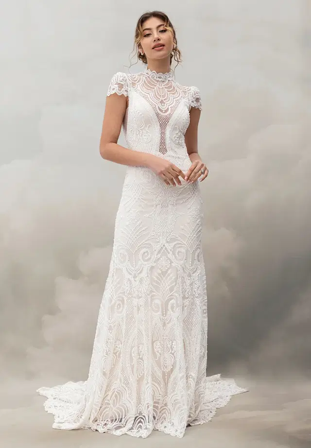 Catherine Gown by Catherine Deane: Trumpet silhouette, high / halter neckline, cap sleeves, lace