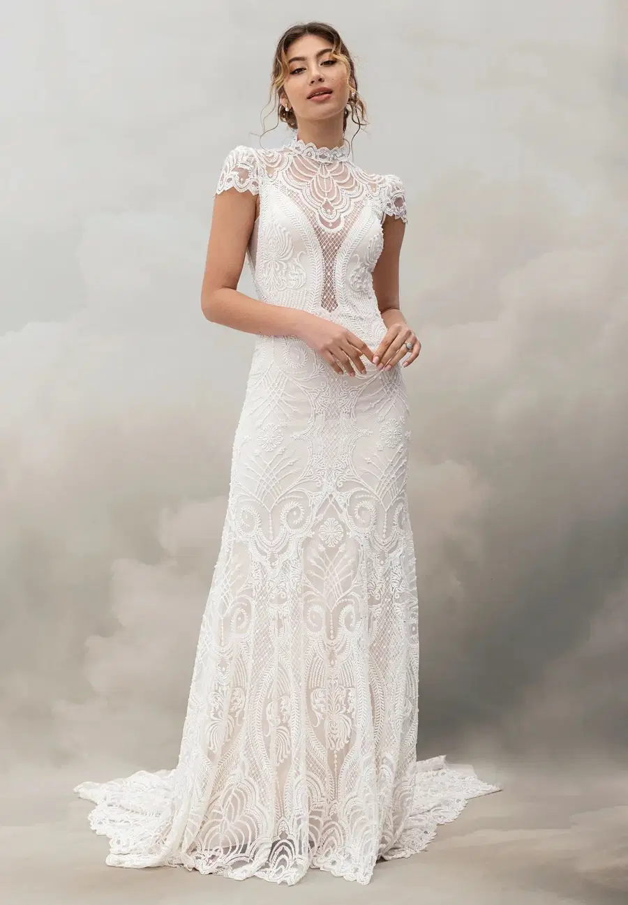 Catherine Gown by Catherine Deane: Trumpet silhouette, high / halter neckline, cap sleeves, lace