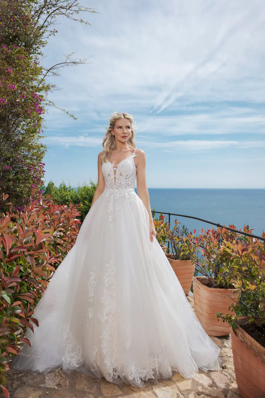 B2403 by Amera Vera: Ball Gown silhouette, deep V-neck neckline, sleeveless, tulle
