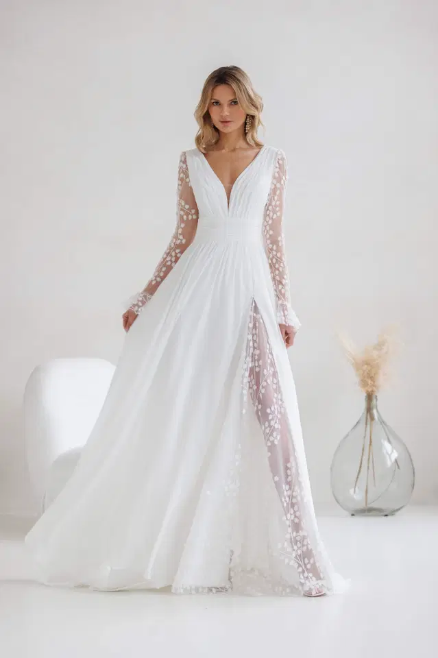 Devotion by Jarice: A-Line silhouette, V-neck neckline, long sleeves, chiffon