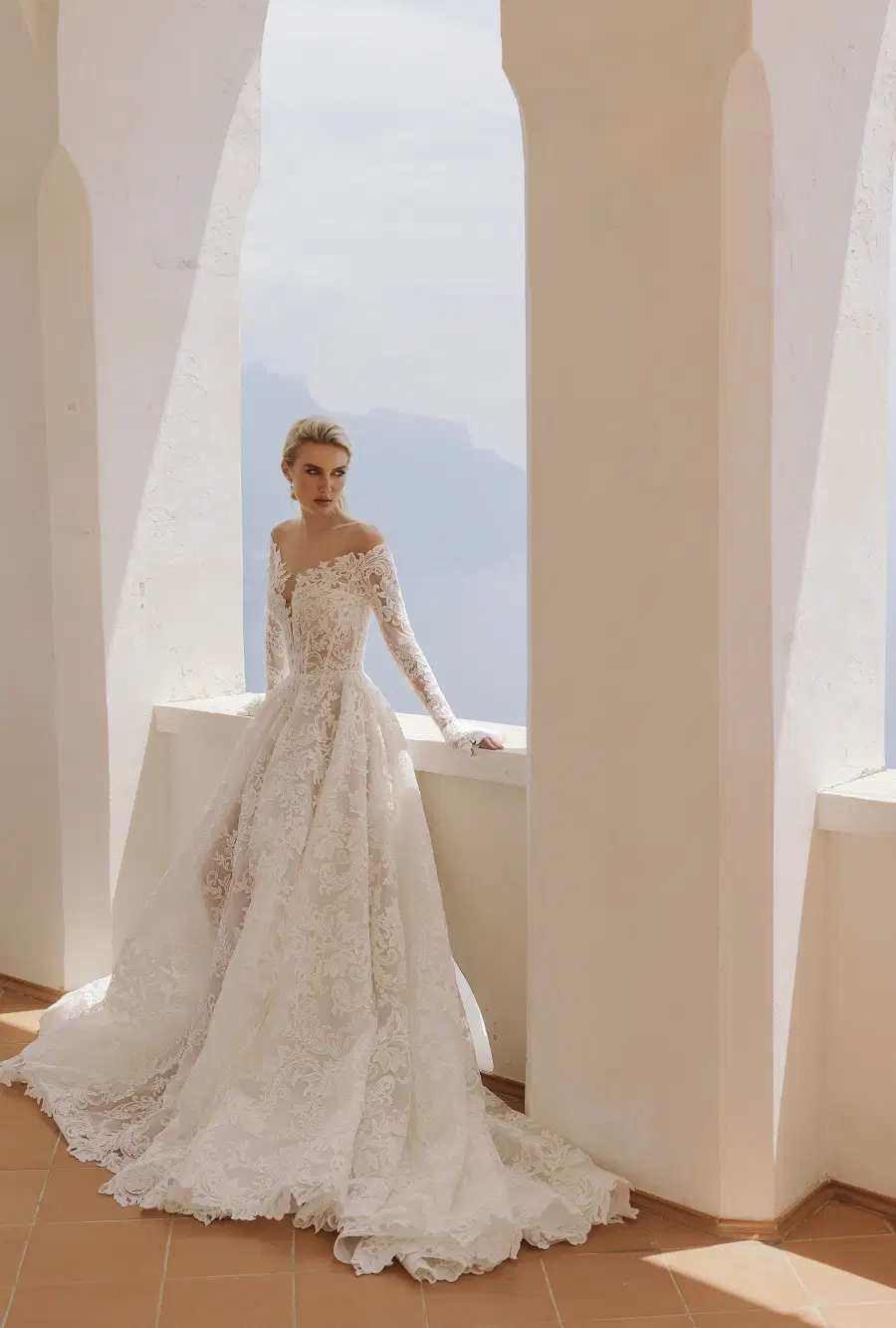 Dalia 24-016 by Ricca Sposa: A-Line silhouette, off-shoulder neckline, long sleeves, lace
