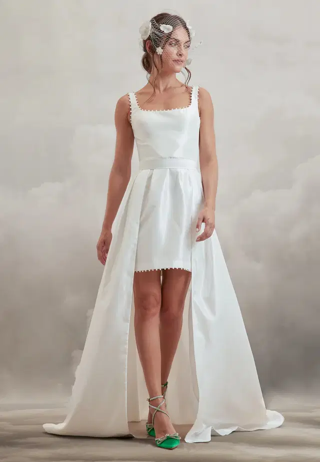 Beck Dress by Catherine Deane: High Low silhouette, square neckline, sleeveless, satin