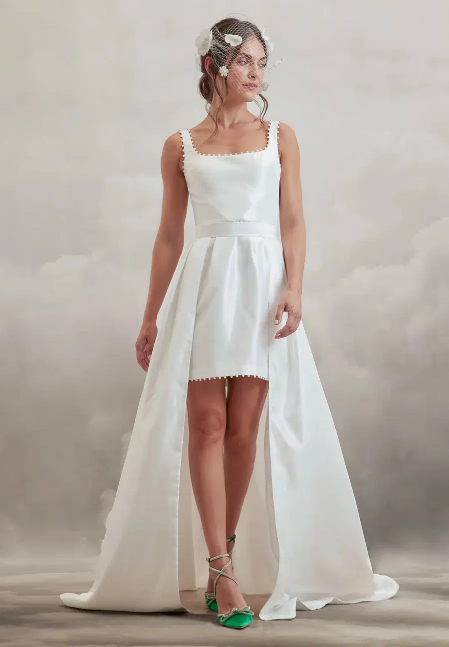 Beck Dress by Catherine Deane: High Low silhouette, square neckline, sleeveless, satin