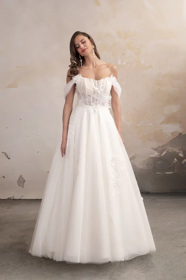 Brinley by Donna Salado Couture: A-Line silhouette, scoop neckline, separate sleeves, lace