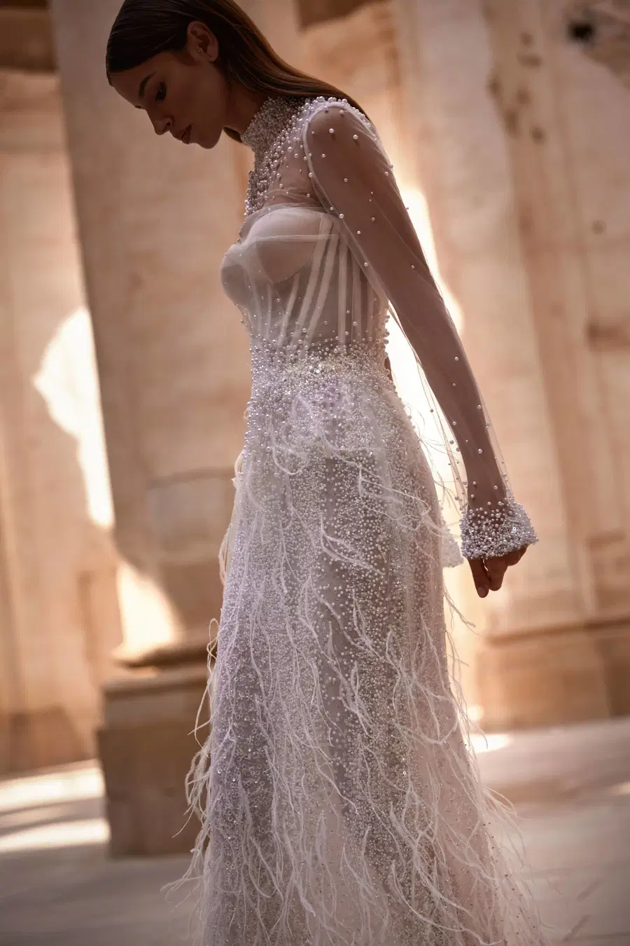 Diletta by Milla Nova: Straight silhouette, long sleeves, lace