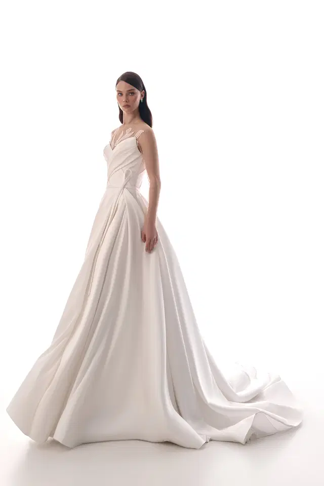 Gina by Innocentia: A-Line silhouette, sweetheart neckline, long sleeves, satin