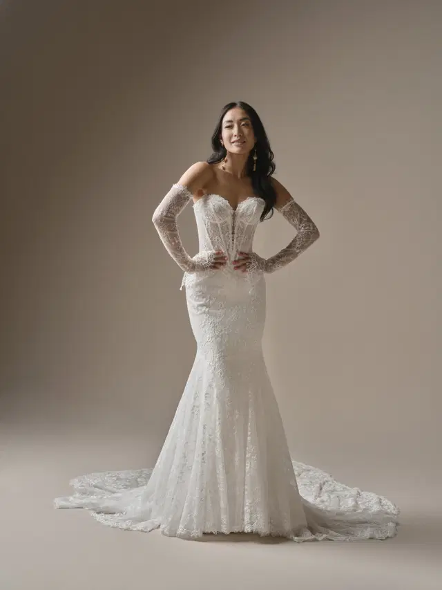 Bellevue by Maggie Sottero: Mermaid silhouette, sweetheart neckline, crepe