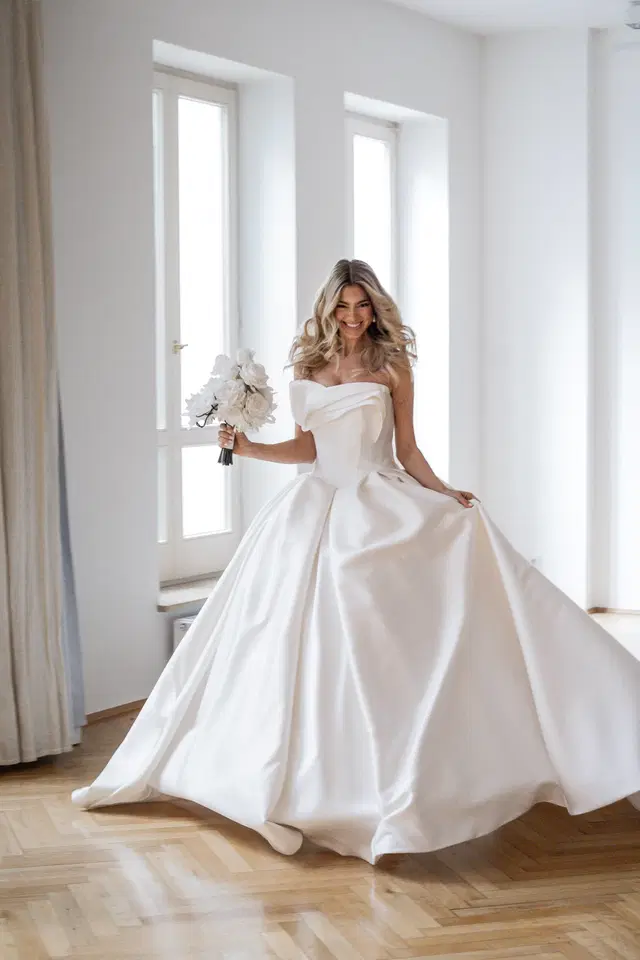 Penelope by Fan Xia: Ball Gown silhouette, straight neckline, satin