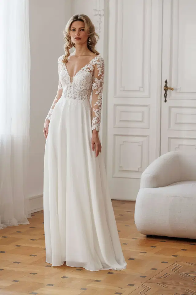 Devoni by Jarice: A-Line silhouette, V-neck neckline, long sleeves, chiffon