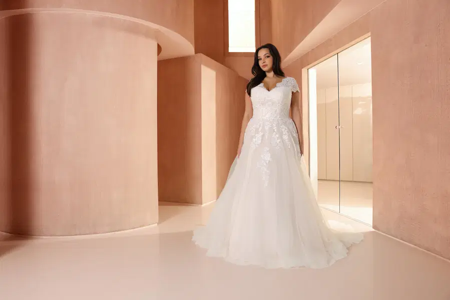 Abigail by Azuree Bridal: A-Line silhouette, deep V-neck neckline, sleeveless, lace