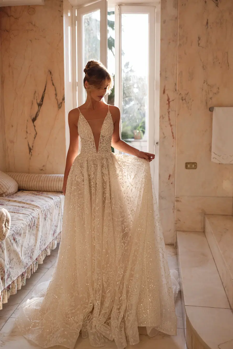 Lya by Tina Valerdi: A-Line silhouette, deep V-neck neckline, sleeveless, tulle