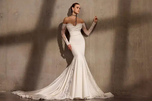 Renee by Avenue by Josephine Scott: Mermaid silhouette, sweetheart neckline, long sleeves, lace