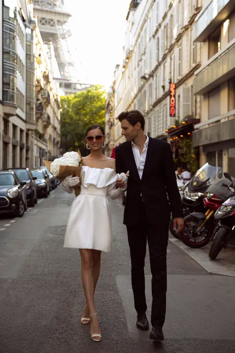 Marine wedding dress by Tina Valerdi, A-line, satin
