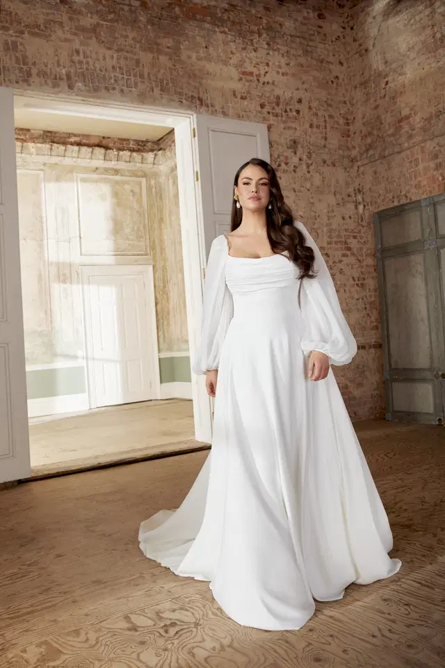 44509 by Sincerity Bridal: A-Line silhouette, square neckline, wing sleeves, satin