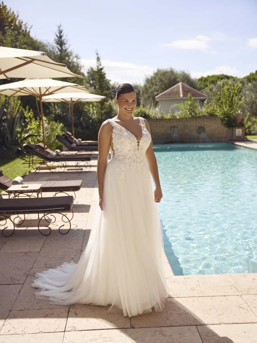 Jada by Modeca Bridal: A-Line silhouette, V-neck neckline, wing sleeves, lace