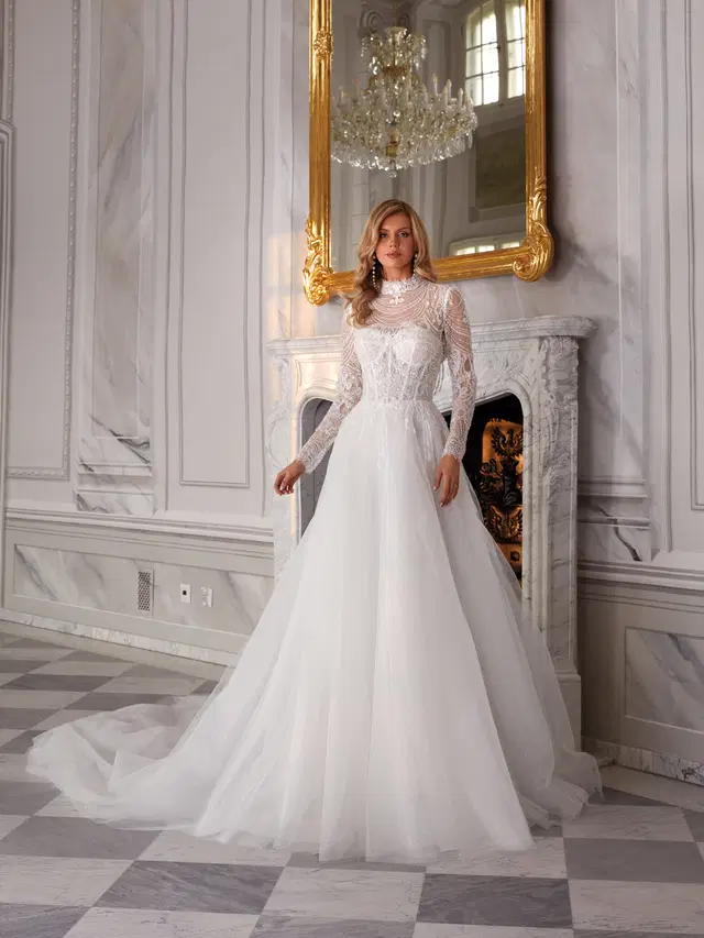 Parker by Vanilla Sposa: A-Line silhouette, boat neck neckline, long sleeves, lace